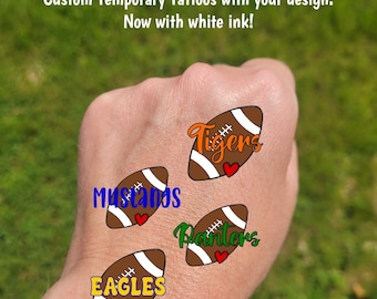 Custom Temporary Tattoos for football games - cheer tattoos with sketch football heart custom text, Team Spirit, School colors, Mascot