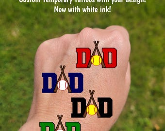 Custom Temporary Tattoos for Father's Day - baseball or softball with bats and DAD, Team Spirit, School colors, tournament, softball dad