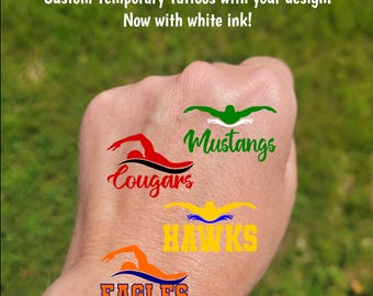 Custom Temporary Tattoos for Swim Teams - Team Spirit, School Spirit, High school swim team, swim club essentials, senior night, mascot