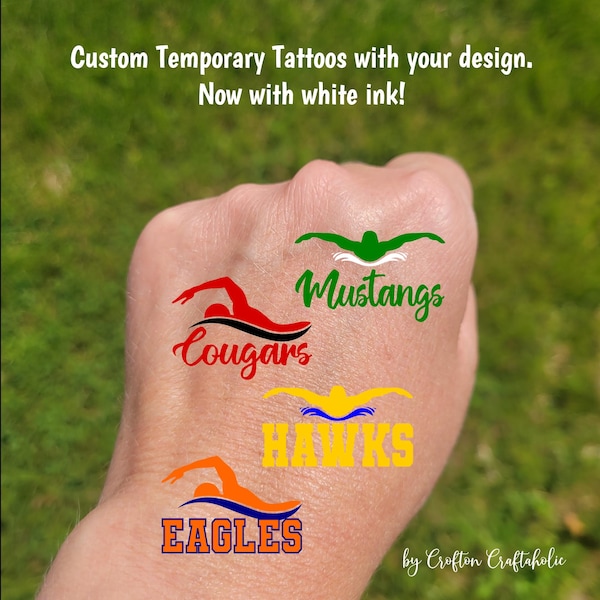 Custom Temporary Tattoos for Swim Teams - Team Spirit, School Spirit, High school swim team, swim club essentials, senior night, mascot