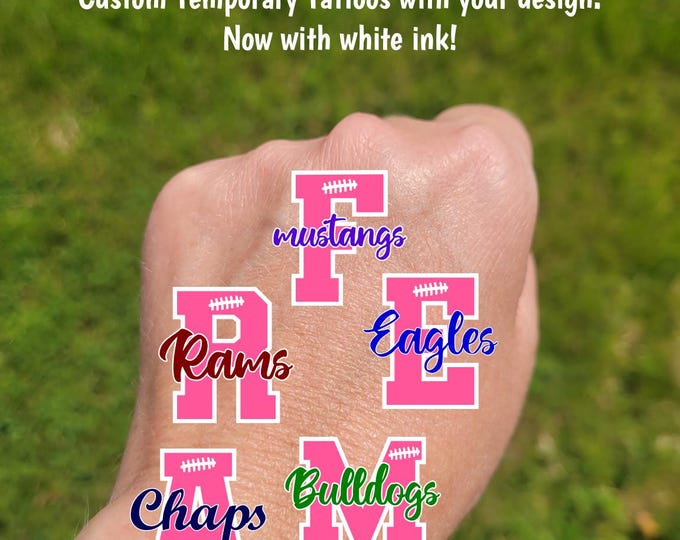 Custom Breast Cancer Awareness Temporary Tattoos for pink out football games - pink football letter with custom text, mascot, cheer tattoos