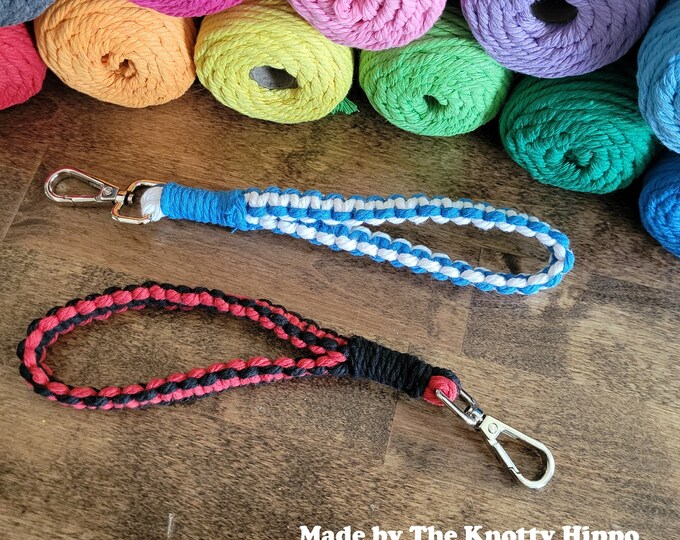 Macrame Wristlet – boho macrame keychain, key fob, badge holder, wrist lanyard, custom gift for senior, school / team colors, teacher gift
