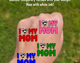 Custom Temporary Tattoos for Mother's Day - soccer ball heart with MOM, I love my Mom, Team colors, travel team tournament, soccer mom gift
