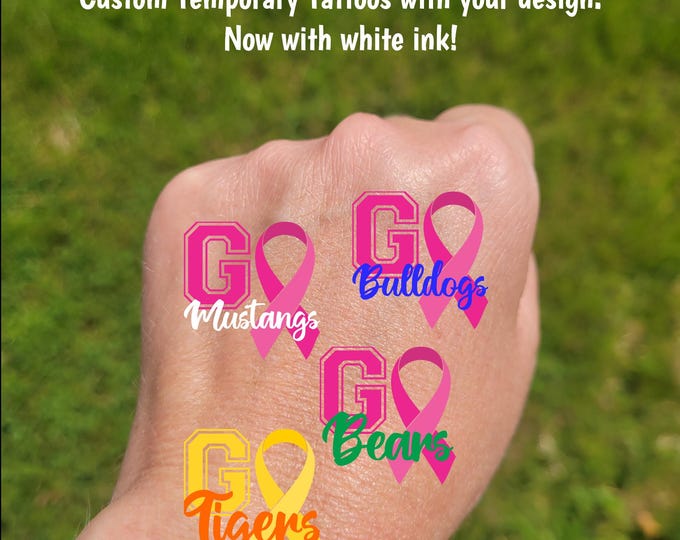 Custom Temporary Tattoos for cancer awareness - cheerleader tattoo with breast cancer awareness ribbon, Team Spirit, School colors, GO Team