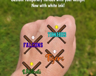 Custom Temporary Tattoos for Softball / Baseball / Tee ball - Team Spirit, School Spirit, Birthday Party Favors, High school travel team