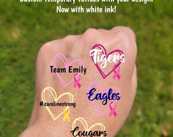 Custom Temporary Tattoos for cancer awareness - cheerleader tattoo with heart and breast cancer awareness ribbon, Team Spirit, School colors