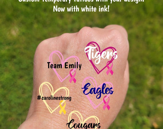 Custom Temporary Tattoos for cancer awareness - cheerleader tattoo with heart and breast cancer awareness ribbon, Team Spirit, School colors