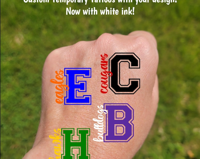 Custom Temporary Tattoos for football games - custom text for school, team, mascot, Team Spirit, School colors, High school cheer team