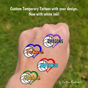 Custom Temporary Tattoos for volleyball games - volleyball with heart and custom text, Team Spirit, School colors, mascot, club team gift