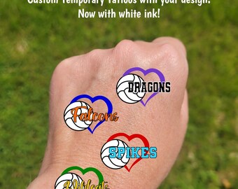 Custom Temporary Tattoos for volleyball games - volleyball with heart and custom text, Team Spirit, School colors, mascot, club team gift