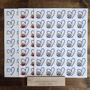 Custom Temporary Tattoos for football games - cheerleader tattoos with pom pom, football with heart, Team Spirit, School colors, High school image 16
