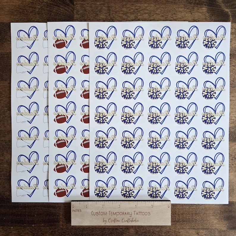 Custom Temporary Tattoos for football games - cheerleader tattoos with pom pom, football with heart, Team Spirit, School colors, High school image 16
