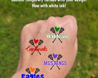 Custom Temporary Tattoos for Lacrosse Teams - Crossed lacrosse sticks with heart, Team Spirit, High school lacrosse, travel team tournament