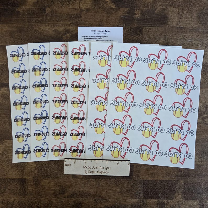 Custom Temporary Tattoos for football games - cheerleader tattoos with pom pom, football with heart, Team Spirit, School colors, High school heart w/ softball