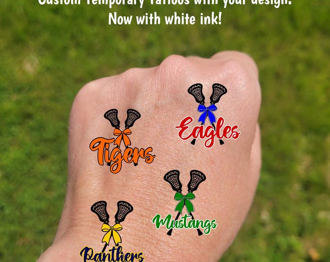 Custom Temporary Tattoos for Lacrosse Teams - Crossed lax sticks with bow, Team Spirit, School Colors, High school travel team tournament