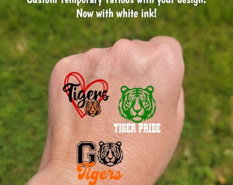 Custom Tiger Temporary Tattoos for football games - cheerleader tattoos with tiger mascot, Team Spirit, School colors, High school cheer