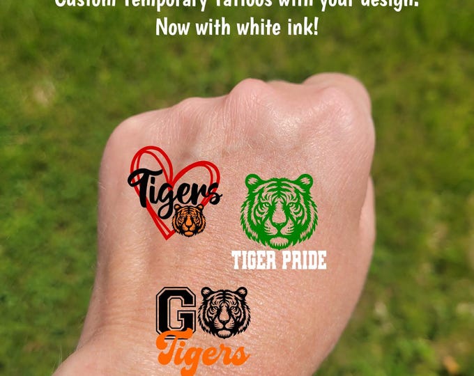 Custom Tiger Temporary Tattoos for football games - cheerleader tattoos with tiger mascot, Team Spirit, School colors, High school cheer