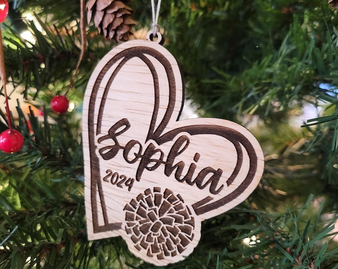Personalized cheerleader Christmas ornament - custom ornament for cheer squad, high school cheer coach gift from team, heart and pom pom