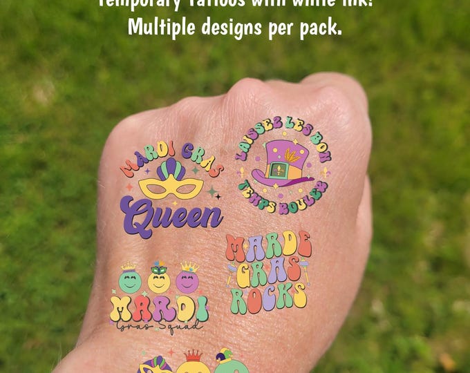Temporary Tattoos for Mardi Gras - Mardi Gras parade tattoos, New Orleans bachelorette party tattoos, Mardi Gras girls trip, retro design