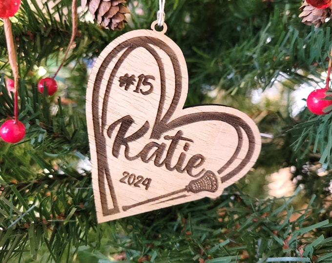 Personalized Lacrosse Christmas ornament - custom ornament for club lacrosse player, high school lacrosse coach gift from team, heart sticks
