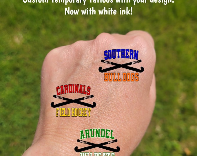 Custom Temporary Tattoos for Field Hockey Teams - Team Spirit, School Colors, crossed hockey sticks, High school field hockey fan essentials