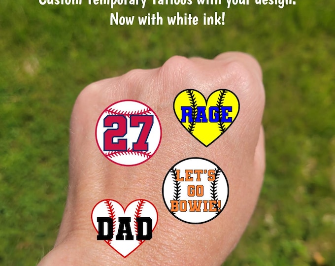 Custom Temporary Tattoos for Softball / Baseball / Tee ball - Team Spirit, School Spirit, Birthday Party Favors, High school fan essentials