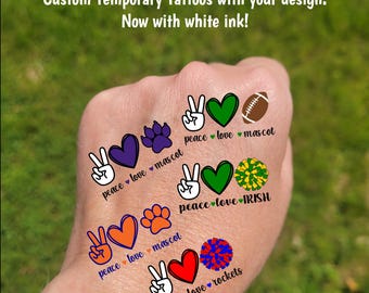 Custom Temporary Tattoos for football games - Peace Love, cheerleader tattoos with pom pom football paw print, Team Spirit, School colors