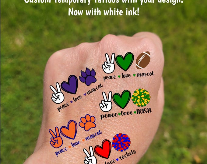 Custom Temporary Tattoos for football games - Peace Love, cheerleader tattoos with pom pom football paw print, Team Spirit, School colors