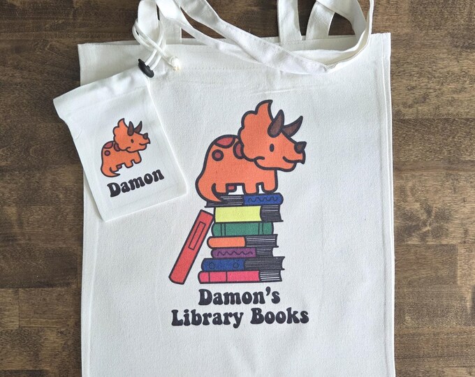 Dinosaur themed My First Library Tote Bag and Library Card Pouch, young bookworm birthday gift, bookish gift for child, animals with books