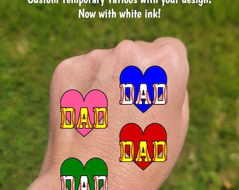 Custom Temporary Tattoos for Father's Day - heart with baseball or softball DAD, Team Spirit, School colors, spring tournament, baseball dad