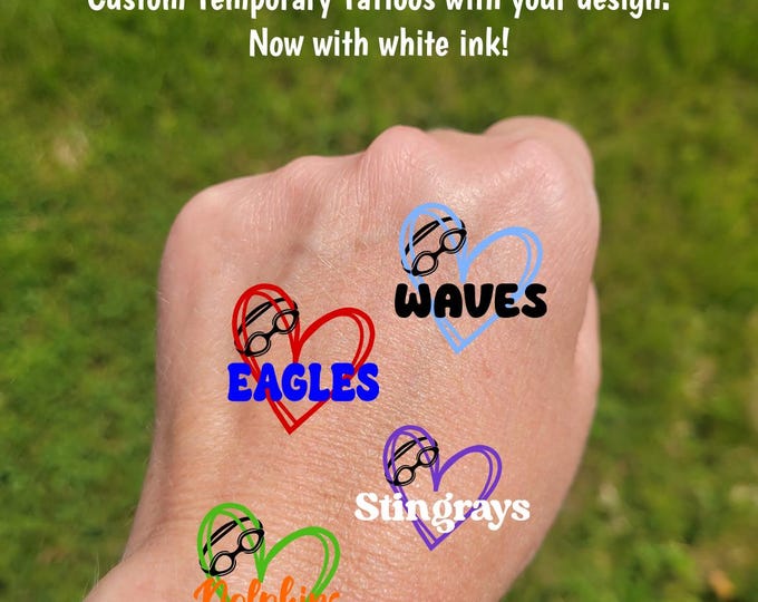 Custom Temporary Tattoos for Swim Teams - Heart with swim goggles custom text, Team Spirit, School colors, High school swim team, swim club