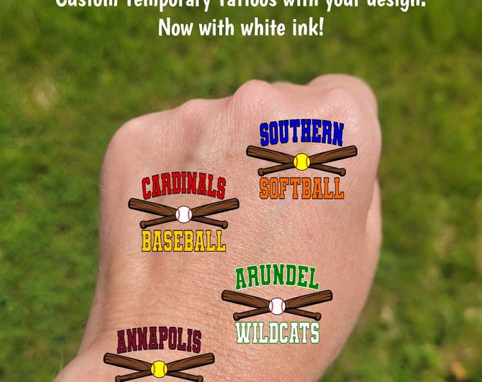 Custom Temporary Tattoos for Softball / Baseball / Tee ball - Crossed bats and ball, Team Spirit, School Spirit, High school, travel team