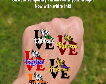 Custom Temporary Tattoos for cross county meets - track tattoos heart with winged foot or heart with track arrow, Team Spirit, School mascot