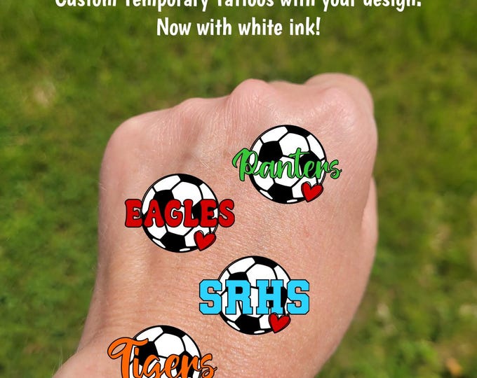 Custom Temporary Tattoos for soccer - heart with soccer ball and custom text, football fan, Team Spirit, School colors, futsal team gift