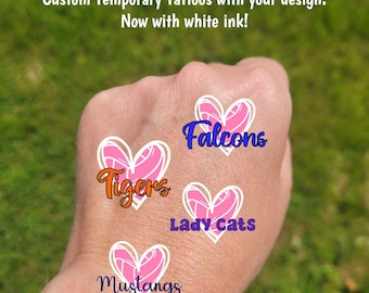 Custom Breast Cancer Awareness Temporary Tattoos for volleyball games - sketch heart volleyball and custom text, dig pink, pink out tattoos