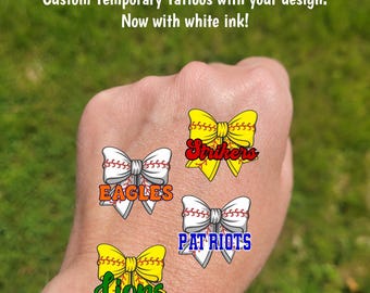 Custom Temporary Tattoos for baseball or softball - softball or baseball coquette bow and custom text, Team Spirit, tournament swag bag
