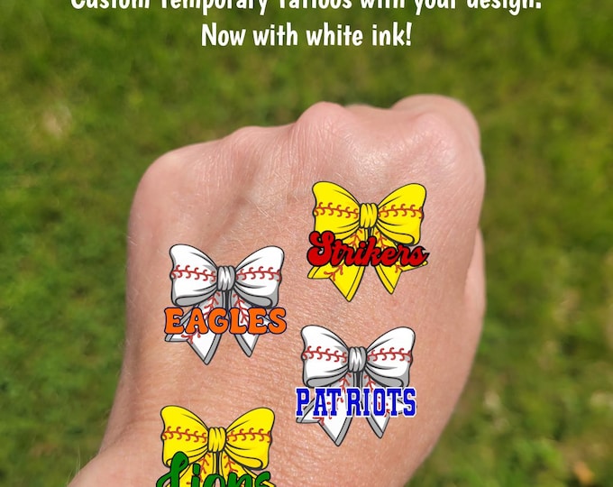 Custom Temporary Tattoos for baseball or softball - softball or baseball coquette bow and custom text, Team Spirit, tournament swag bag