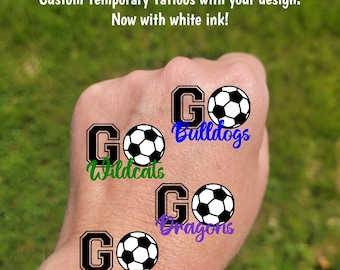 Custom Temporary Tattoos for soccer - GO Team with soccer ball, Team Spirit, School colors, custom text, youth soccer team gift, football
