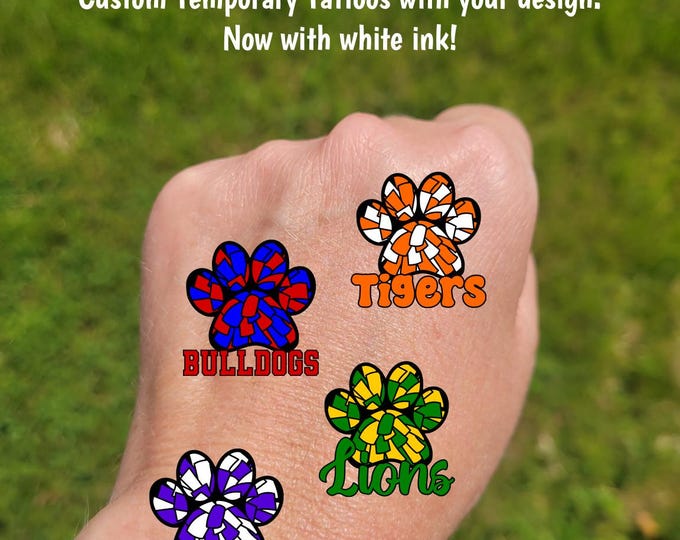 Custom Temporary Tattoos for football games - cheerleader tattoos w/ pom pom filled paw print, Team Spirit, High School colors, custom text