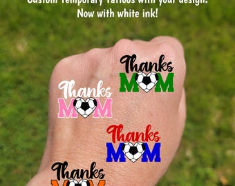 Custom Temporary Tattoos for Mother's Day - soccer ball heart with MOM, Thanks MOM, Team colors, travel team tournament, soccer mom gift