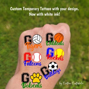 Custom Temporary Tattoos for sports - GO Team, volleyball, soccer ball, basketball, softball, baseball, Team Spirit, School colors, mascot