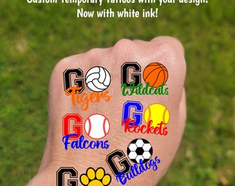 Custom Temporary Tattoos for sports - GO Team, volleyball, soccer ball, basketball, softball, baseball, Team Spirit, School colors, mascot