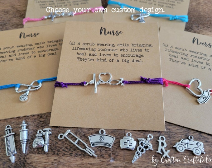 Nurse Appreciation String bracelet and gift card - adjustable bracelet or anklet, Nurse appreciation week gift, heartbeat stethoscope charm