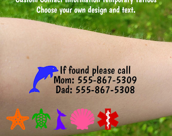 Custom Temporary Emergency Contact / Medical Alert Tattoos - Name / Phone Number tattoos for food allergies, diabetes, beach trip, vacation