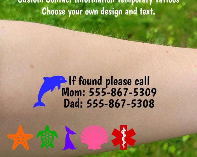 Custom Temporary Emergency Contact / Medical Alert Tattoos - Name / Phone Number tattoos for food allergies, diabetes, beach trip, vacation