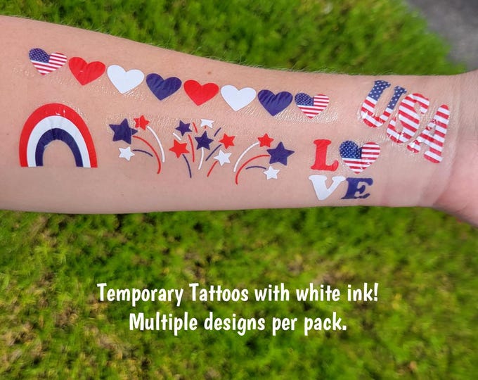 Temporary Tattoos for 4th of July parades and events - USA flag heart tattoos, red white and blue accessories, Memorial Day, Fourth of July