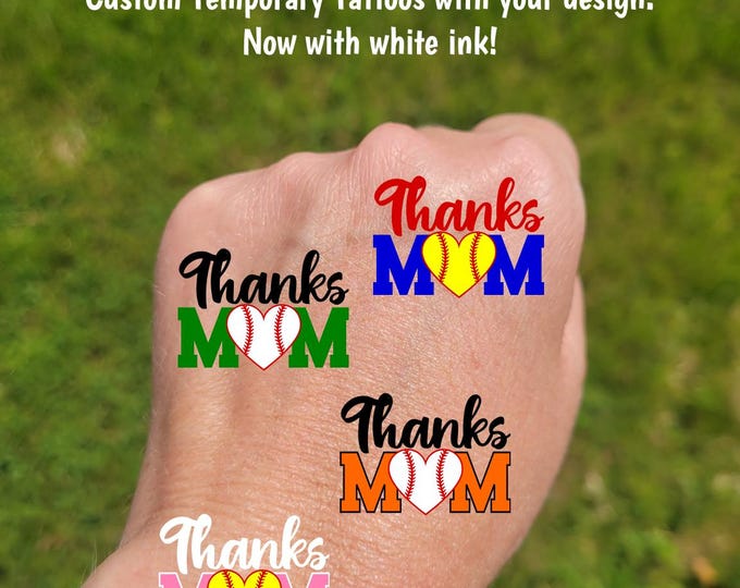Custom Temporary Tattoos for Mother's Day - baseball or softball heart with MOM, Thanks MOM, Team colors, travel tournament, baseball mom