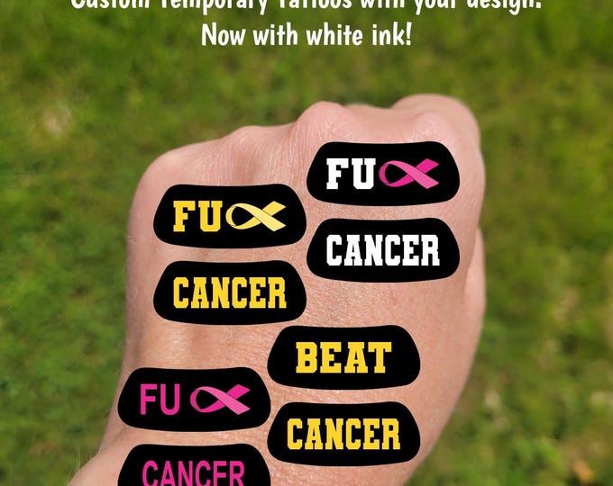 Custom Cancer Awareness Contoured Eye Black Temporary Tattoos - Pink ribbon, FU CANCER, yellow ribbon, breast cancer fundraiser team support