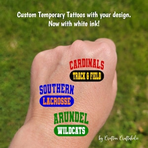 Custom Temporary Tattoos for high school sports - custom text for school, team, mascot, Team Spirit, School colors, football, cheerleader