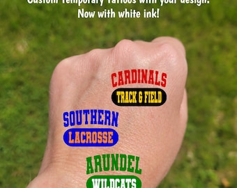 Custom Temporary Tattoos for high school sports - custom text for school, team, mascot, Team Spirit, School colors, football, cheerleader